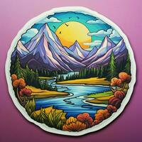 Craft a sticker showcasing a majestic mountain range photo