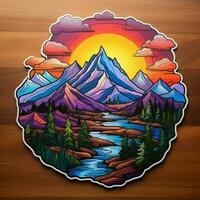 Craft a sticker showcasing a majestic mountain range photo