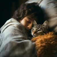mimoso duendecillo gato acurrucarse arriba en contra sus favorito huma foto