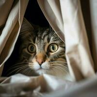 Curious cat peeking out from behind a curtain photo