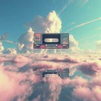 Depict a vintage cassette tape floating through a sky fill photo