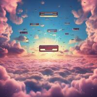 Depict a vintage cassette tape floating through a sky fill photo