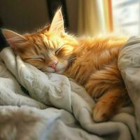 Fluffy orange tabby napping peacefully on a cozy blanket photo