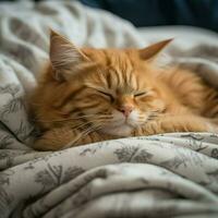 Fluffy orange tabby napping peacefully on a cozy blanket photo