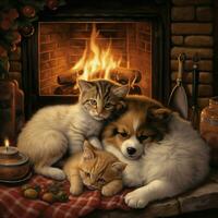 Furry friends curled up by the fireplace photo