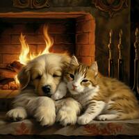 Furry friends curled up by the fireplace photo