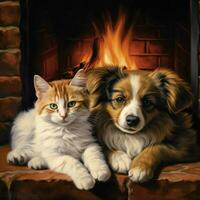 Furry friends curled up by the fireplace photo