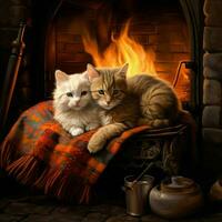 Furry friends curled up by the fireplace photo