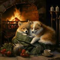 Furry friends curled up by the fireplace photo