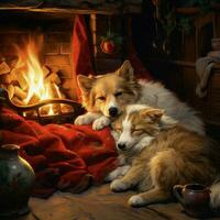 Furry friends curled up by the fireplace photo
