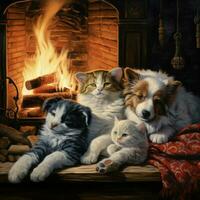 Furry friends curled up by the fireplace photo