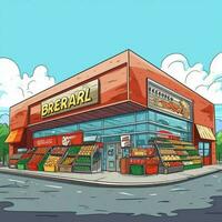 tienda de comestibles Tienda 2d dibujos animados vector ilustración en blanco espalda foto