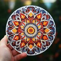 Imagine a sticker with an intricate mandala-like pattern photo
