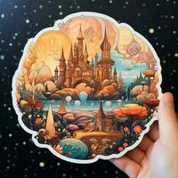 Imagine a sticker with a whimsical fantasy-inspired scene photo