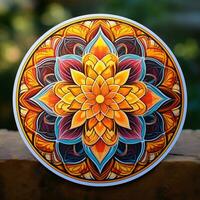 Imagine a sticker with an intricate mandala-like pattern photo