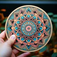 Imagine a sticker with an intricate mandala-like pattern photo