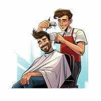 hombre consiguiendo Corte de pelo 2d dibujos animados ilustracion en blanco antecedentes foto