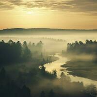 Muted colors of a misty morning landscape photo