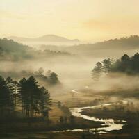 Muted colors of a misty morning landscape photo