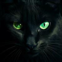 misterioso negro gato con perforación verde ojos foto