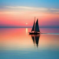 Peaceful silhouette of a lone sailboat on a calm ocean photo