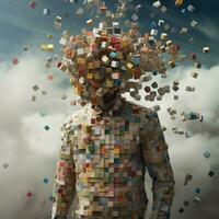Pixelated figures undergoing surreal transformations photo