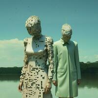 Pixelated figures undergoing surreal transformations photo