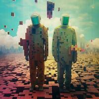 Pixelated figures undergoing surreal transformations photo