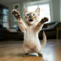 Playful Tonkinese cat chasing its own tail in excitement photo