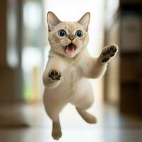 Playful Tonkinese cat chasing its own tail in excitement photo