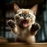 juguetón tonquinés gato persiguiendo sus propio cola en emoción foto