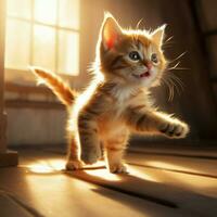 juguetón gatito persiguiendo sus cola en un iluminado por el sol habitación foto