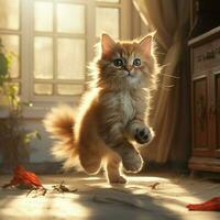 Playful kitten chasing its tail in a sunlit room photo