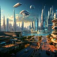 Portray a futuristic cityscape preparing for the year 2000 photo