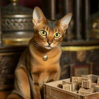 Quizzical Abyssinian cat studying a puzzle box photo