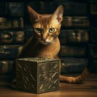 Quizzical Abyssinian cat studying a puzzle box photo