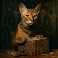 Quizzical Abyssinian cat studying a puzzle box photo