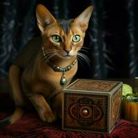 Quizzical Abyssinian cat studying a puzzle box photo