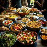 A community potluck with a variety of dishes photo