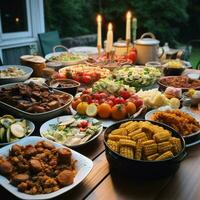 A community potluck with a variety of dishes photo