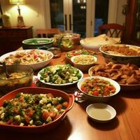 A community potluck with a variety of dishes photo