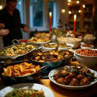 A community potluck with a variety of dishes photo