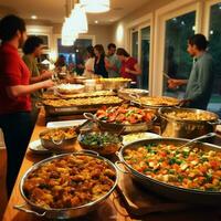 A community potluck with a variety of dishes photo