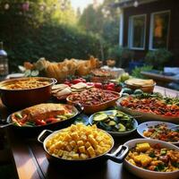 A community potluck with a variety of dishes photo