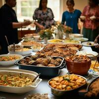 A community potluck with a variety of dishes photo