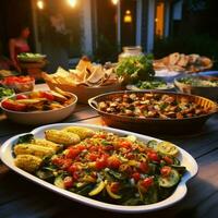 A community potluck with a variety of dishes photo