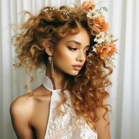 Curly half-up ponytail with a floral accessory photo