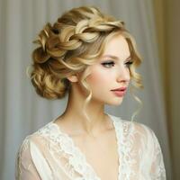 Curly updo with a diagonal braid across the crown photo