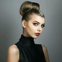 Sleek high ponytail with a wrapped section photo