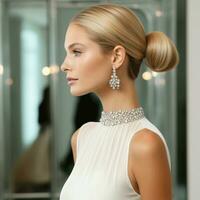 Sleek low chignon with a jeweled hair accessory photo